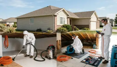 Water damage restoration team in Meridian, ID inspecting a damaged home after flooding